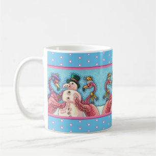 PINK FLAMINGOS MAKEN SNOWMAN, FUNNY CHRISTMAS BIRD KOFFIEMOK