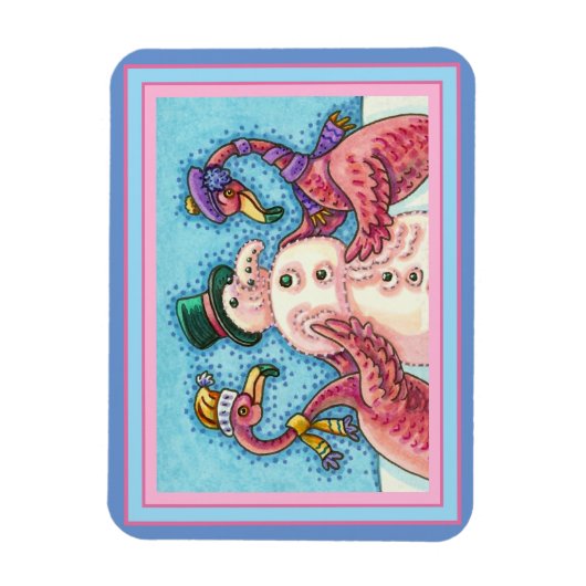 PINK FLAMINGOS MAKEN SNOWMAN, FUNNY CHRISTMAS BIRD MAGNEET (Verticaal)