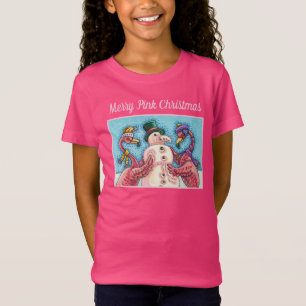 PINK FLAMINGOS MAKEN SNOWMAN, FUNNY CHRISTMAS BIRD T-SHIRT