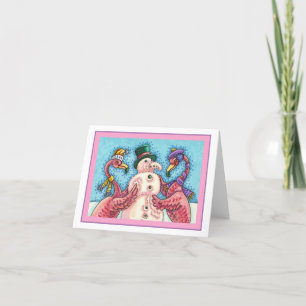 PINK FLAMINGOS MAKEN SNOWMAN, FUNNY CHRISTMAS Blan Kaart