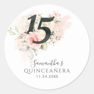 Pink Floral 15th Birthday Quinceanera Greenery Ronde Sticker