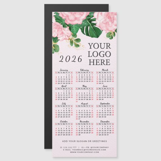 Pink Floral 2026 Calendrier Magnet Ajouter logo d' (Devant / Derrière)