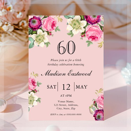 Pink Floral 60e anniversaire Invitation