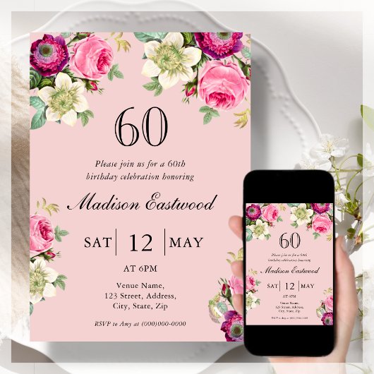 Pink Floral 60e anniversaire Invitation