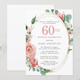 Pink Floral 60th Birthday Party Kaart