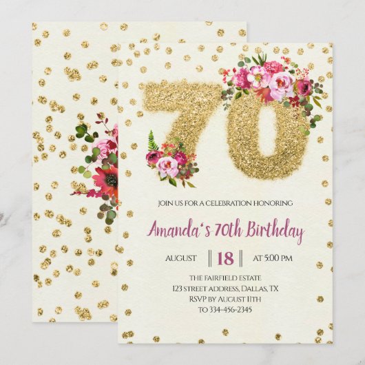 Pink Floral 70e anniversaire Invitation (Devant / Derrière)
