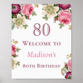Pink Floral 80e Affiche de bienvenue d'anniversair (Devant)