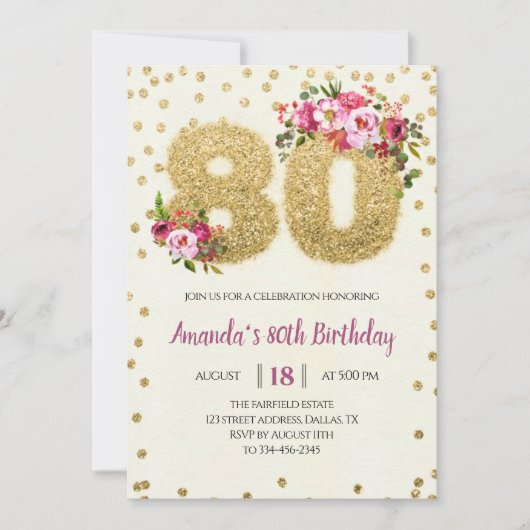 Pink Floral 80th Birthday Invitation (Devant)