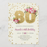 Pink Floral 80th Birthday Invitation<br><div class="desc">Pink Floral et Gold Parties scintillant carte d'invitation pour la fête d'anniversaire 80e avec numéro de Parties scintillant</div>