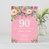 Pink Floral 90e anniversaire Invitation (Debout devant)