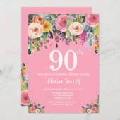 Pink Floral 90e anniversaire Invitation (Devant / Derrière)