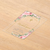 Pink floral acrylique baptême espagnol invitation (Poser)