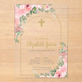 Pink floral acrylique baptême espagnol invitation (Recto)