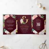 Pink Floral Ampersand Burgundy QR Code Wedding Drieluik Uitnodiging (Binnen)