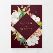 Pink Floral Ampersand Burgundy QR Code Wedding Drieluik Uitnodiging (Cover)