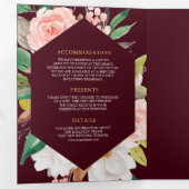 Pink Floral Ampersand Burgundy QR Code Wedding Drieluik Uitnodiging (Binnenzijde eerst)