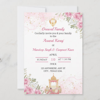 Pink Floral Anand Karaj Invitation card Kaart