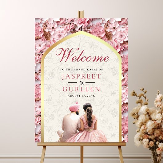 Pink Floral Anand Karaj Sikh Affiche de bienvenue