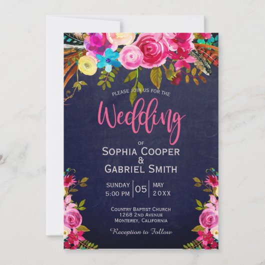 Pink Floral and Blue Typography Wedding Invitation (Voorkant)