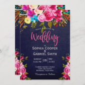 Pink Floral and Blue Typography Wedding Invitation (Voorkant / Achterkant)
