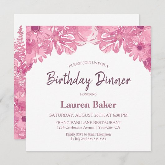 Pink Floral Anniversaire Dîner Fête Invitation (Devant / Derrière)