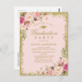 Pink Floral Aquarelle Graduation Party Invitation (Devant / Derrière)