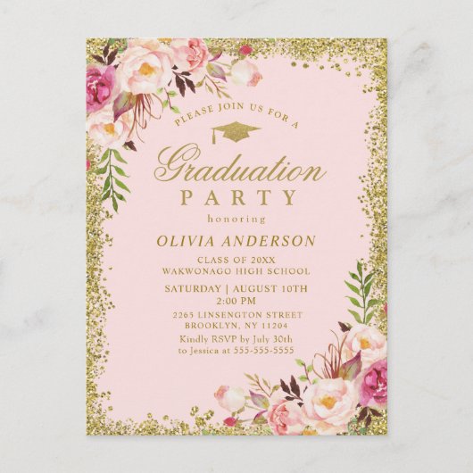 Pink Floral Aquarelle Graduation Party Invitation (Devant)