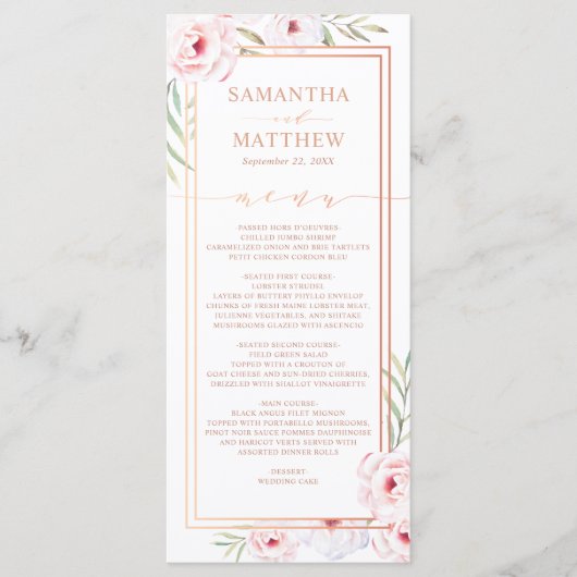 Pink Floral Aquarelle Rose or Mariage Menu (Devant)
