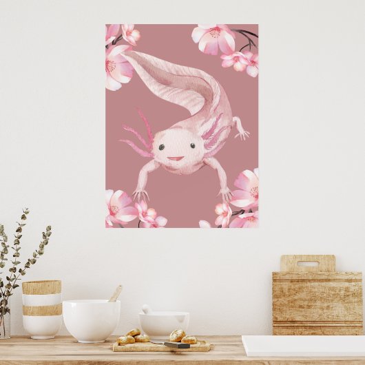 Pink Floral Axolotl Poster (Keuken)