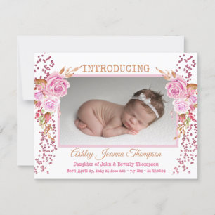 Pink Floral Baby Girl Photo Faire-part de naissanc