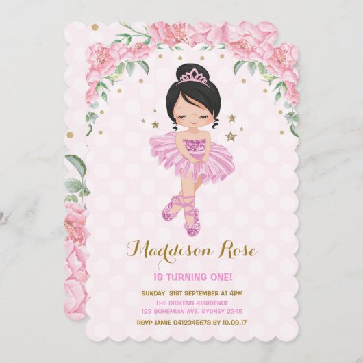 Pink Floral Ballerina Ballet Tutu Birthday Invite Kaart (Voorkant / Achterkant)