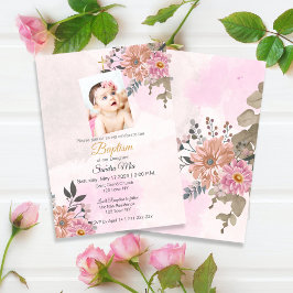 Pink Floral Baptism Invitation Kaart