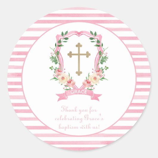 Pink Floral Baptisme Dank je Ronde Sticker (Voorkant)