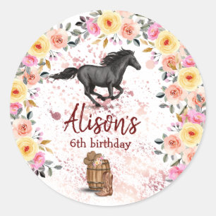 Pink Floral Birthday Horse Birthday Party Ronde Sticker