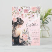 Pink Floral Black Gown 18e anniversaire Invitation (Debout devant)