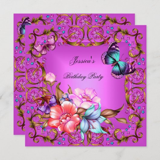 Pink Floral Blauwgroen Blue Butterfly Birthday Par Kaart (Voorkant / Achterkant)
