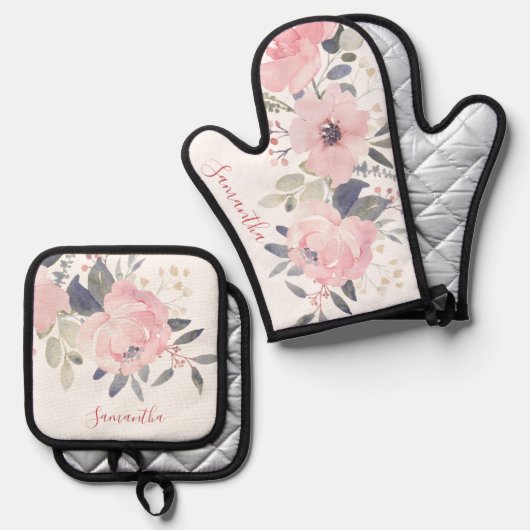 Pink Floral Bloom Waterverf Script gepersonaliseer Ovenwant & Pannenlap Set (Voorkant / Achterkant)