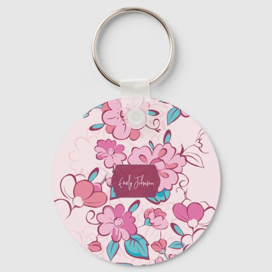 Pink Floral Blossom Script Name Paper Coaster Sleutelhanger (Voorkant)