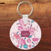 Pink Floral Blossom Script Name Paper Coaster Sleutelhanger (Voorkant)