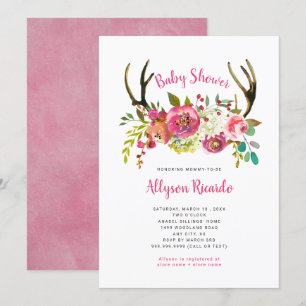 Pink Floral Boho Antlers Baby shower Uitnodiging
