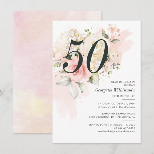 Pink Floral Botanical 50th Birthday Party Kaart (Voorkant / Achterkant)