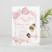 Pink Floral Bow Girl First Holy Communion Kaart (Staand voorkant)