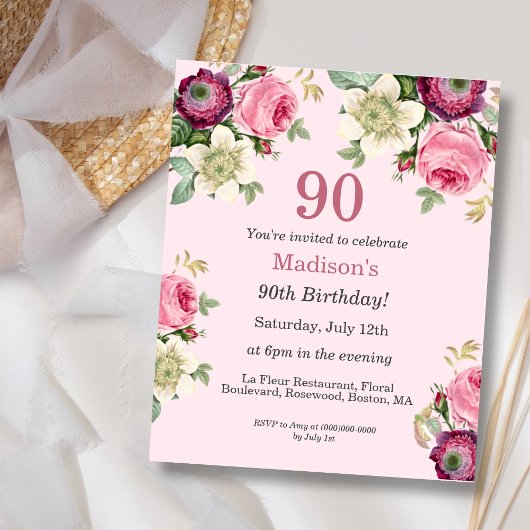 Pink Floral | Budget 90th Birthday Invitation
