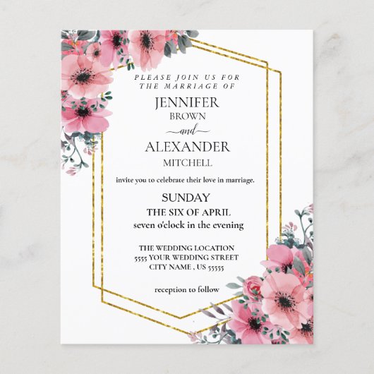 Pink Floral Budget Wedding Chic "Uitnodiging" Flyer (Voorkant)