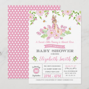 Pink Floral Bunny Baby shower Woodland Girl Rabbit Kaart