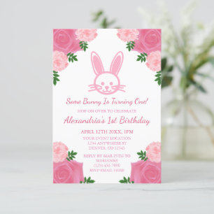 Pink Floral Bunny Birthday Uitnodiging