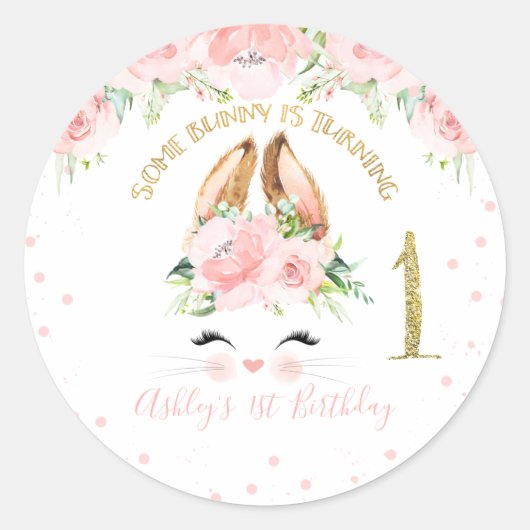 Pink Floral Bunny Face 1st Birthday Ronde Sticker (Voorkant)