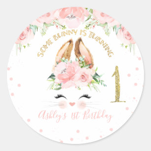 Pink Floral Bunny Face 1st Birthday Ronde Sticker