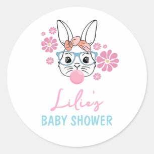 Pink Floral Bunny Girl Baby shower gepersonaliseer Ronde Sticker