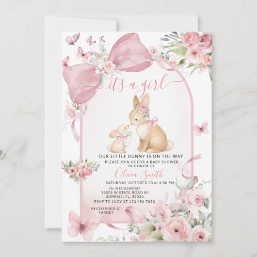 Pink Floral Bunny Pink Bow Baby Shower Invitation (Devant)